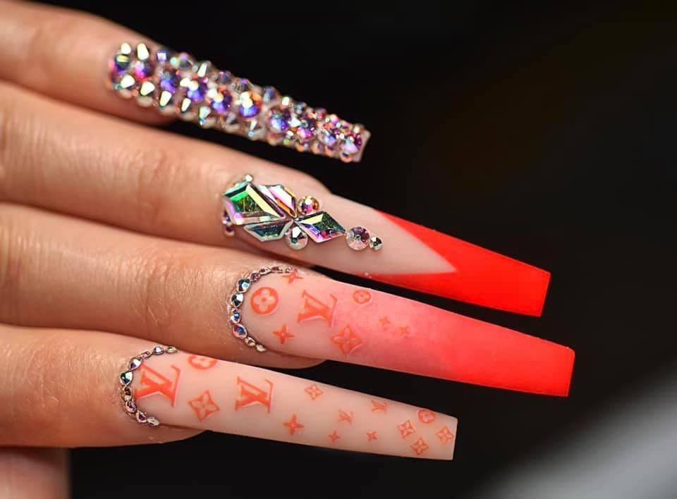 HOW TO DO RED LOUIS VUITTON NAILS TUTORIAL I LONG ACRYLIC COFFIN